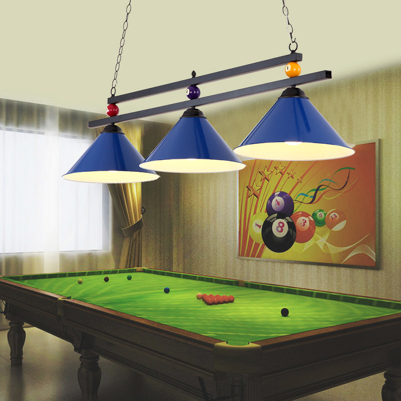 3-Head Conical Metallic Billiard Light - Indoor Island Lighting Fixture In Black/Red/Blue Blue / C