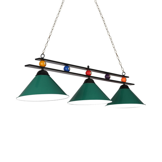 3-Head Conical Metallic Billiard Light - Indoor Island Lighting Fixture In Black/Red/Blue Green / A