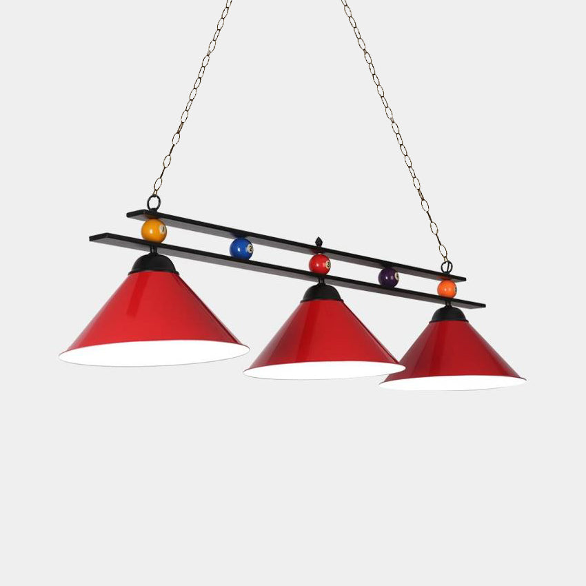 3-Head Conical Metallic Billiard Light - Indoor Island Lighting Fixture In Black/Red/Blue Red / A