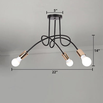 Industrial Twisted Metallic Semi-Flush Ceiling Light With Bare Bulb - Black 3/5 Lights For Hallway