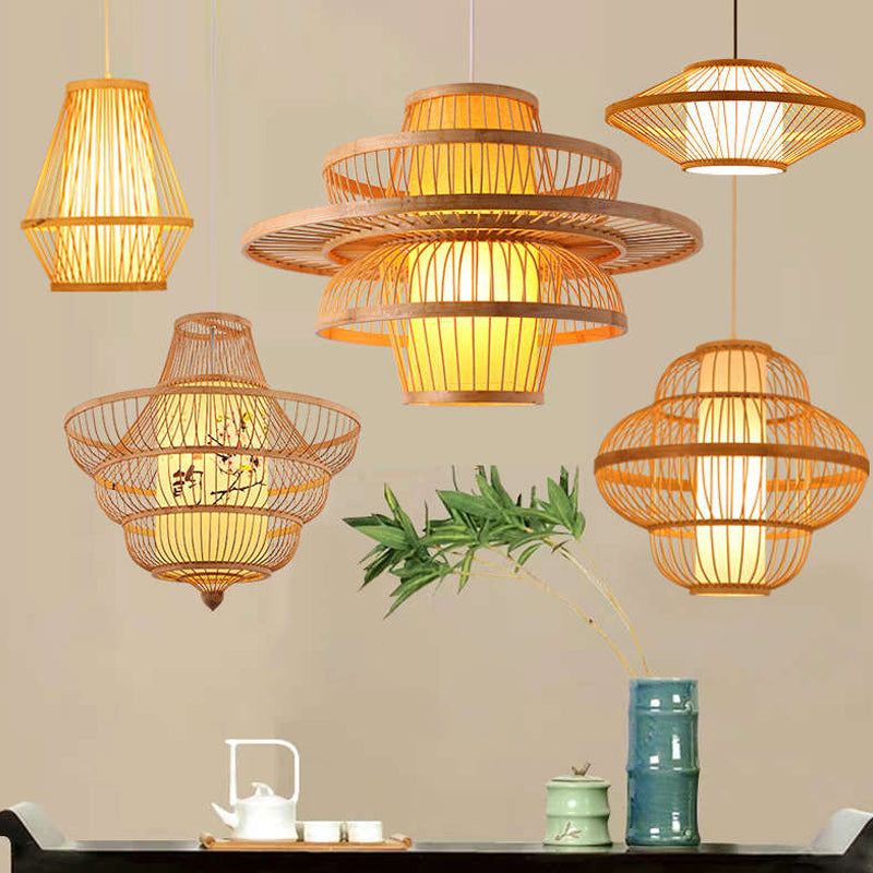 Chinese Bamboo Pendant Light Kit: Teardrop/Bubbling/3-Shade 1-Light Beige Lantern