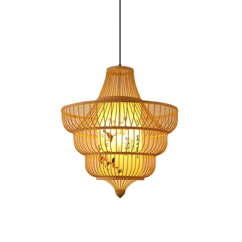 Chinese Style Bamboo Teardrop Pendant Light Kit Beige Hanging Lantern With Bubbling 3-Shades 1-Light