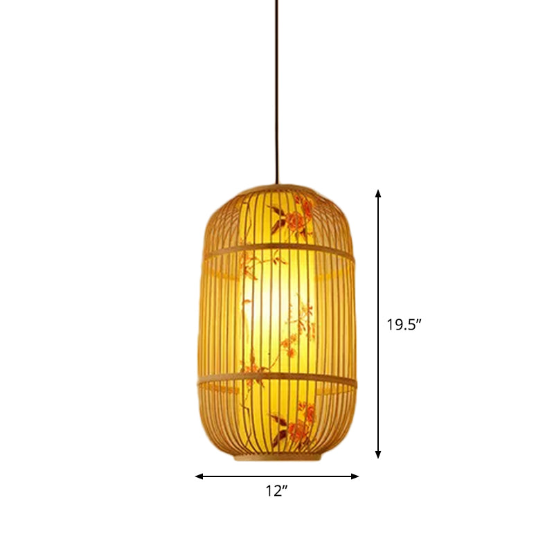 Chinese Bamboo Pendant Light Kit: Teardrop/Bubbling/3-Shade 1-Light Beige Lantern