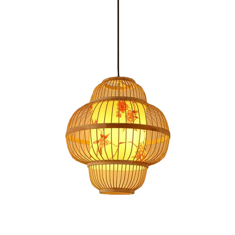 Chinese Bamboo Pendant Light Kit: Teardrop/Bubbling/3-Shade 1-Light Beige Lantern