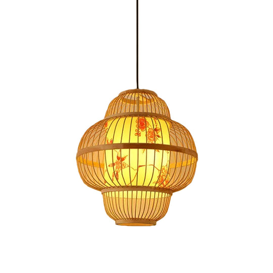 Chinese Style Bamboo Teardrop Pendant Light Kit Beige Hanging Lantern With Bubbling 3-Shades 1-Light