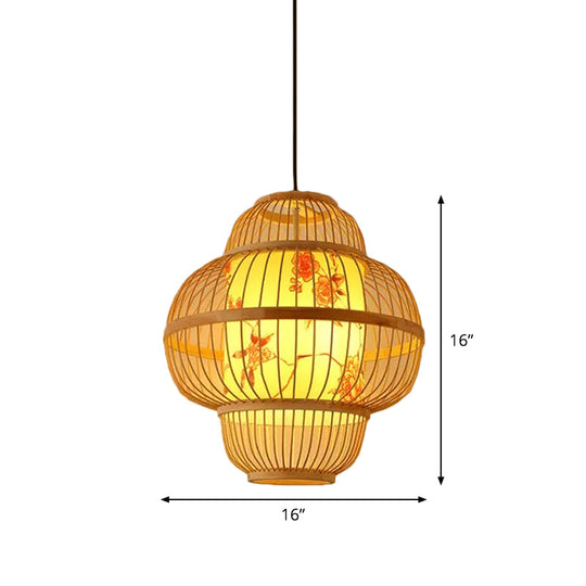 Chinese Bamboo Pendant Light Kit: Teardrop/Bubbling/3-Shade 1-Light Beige Lantern