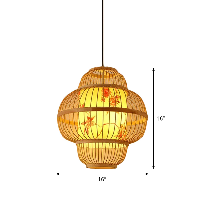 Chinese Style Bamboo Teardrop Pendant Light Kit Beige Hanging Lantern With Bubbling 3-Shades 1-Light