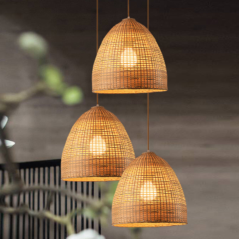 Asia Bamboo Tearoom Pendant Light - Crisscross-Woven Bowl/Oval/Bell, Beige, 9"/14"/16" Wide