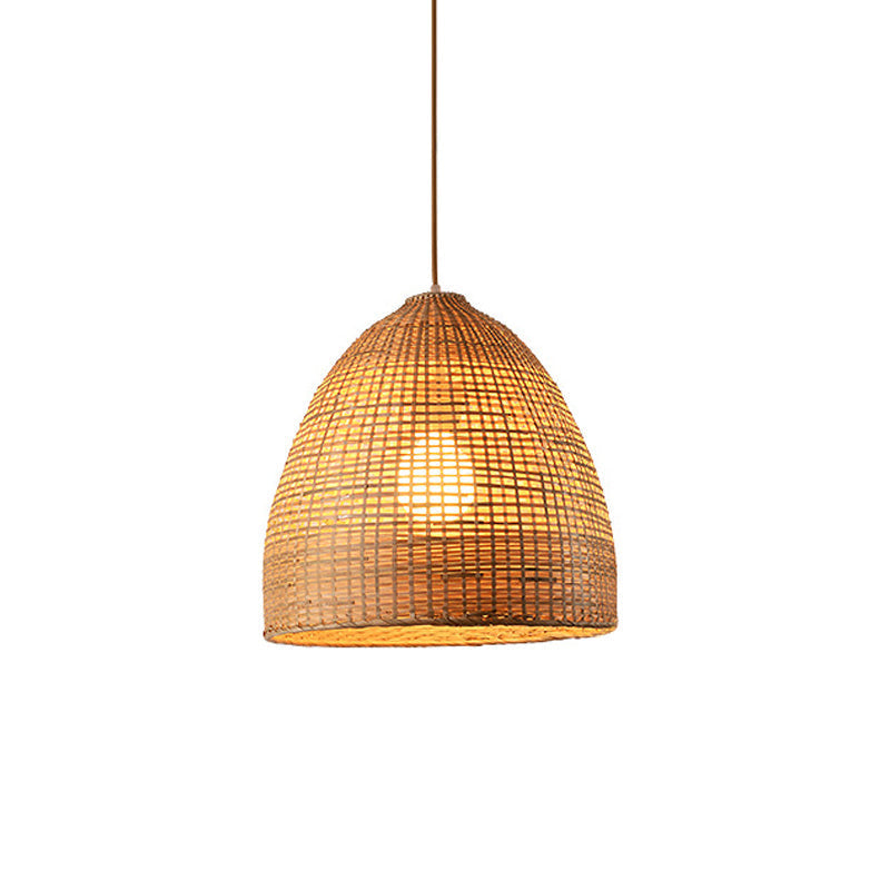 Asia Bamboo Tearoom Pendant Light - Crisscross-Woven Bowl/Oval/Bell, Beige, 9"/14"/16" Wide