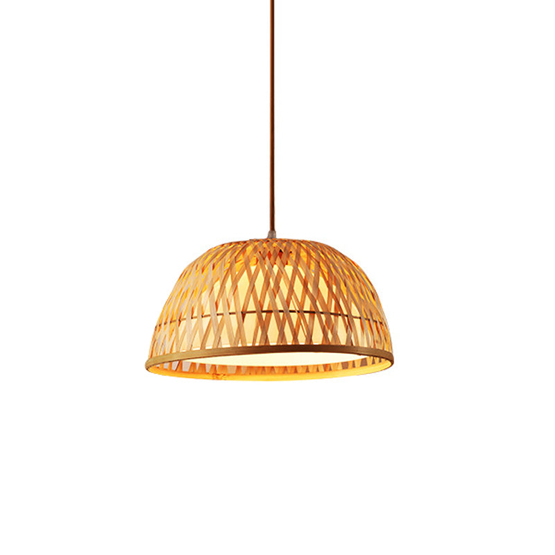 Asia Bamboo Tearoom Pendant Light - Crisscross-Woven Bowl/Oval/Bell, Beige, 9"/14"/16" Wide