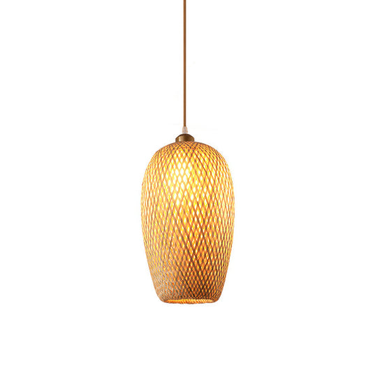 Asia Bamboo Tearoom Pendant Light - Crisscross-Woven Bowl/Oval/Bell, Beige, 9"/14"/16" Wide