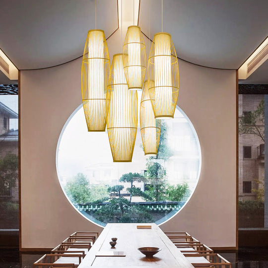 Asian Bamboo Pendant Ceiling Lantern With Elongated Barrel Drop Beige Finish - 1-Light Heights