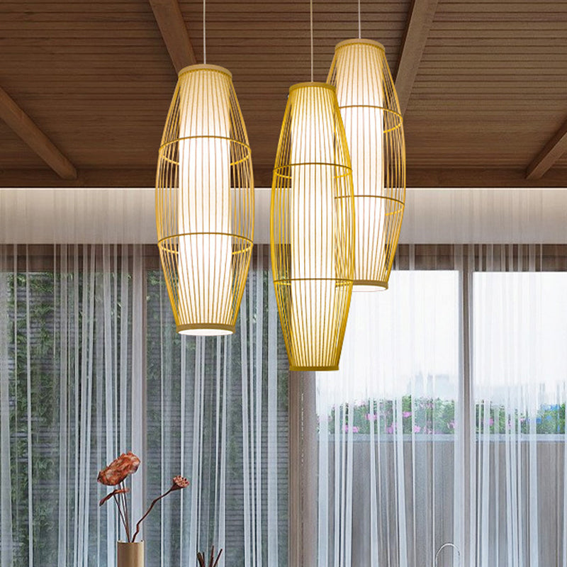 Asian Bamboo Pendant Ceiling Lantern With Elongated Barrel Drop Beige Finish - 1-Light Heights