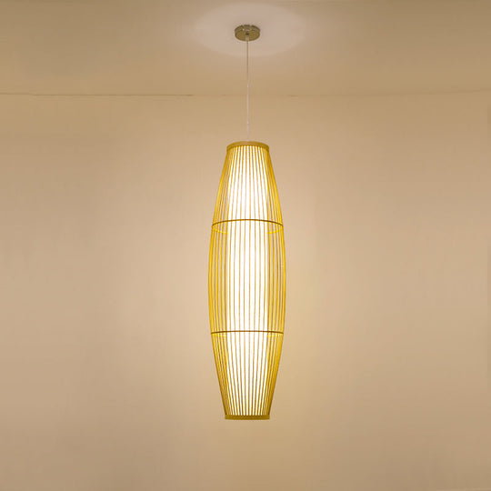 Asian Bamboo Pendant Ceiling Lantern With Elongated Barrel Drop Beige Finish - 1-Light Heights