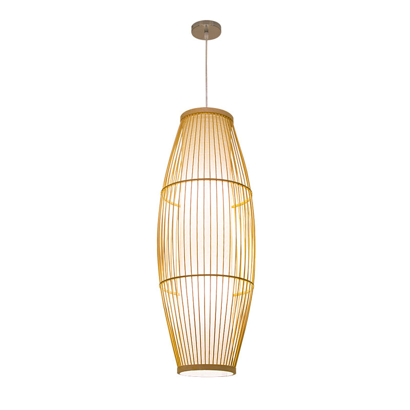 Beige Bamboo Hanging Lantern - Asian Style Pendant Light, 1-Light, Elongated Oval/Barrel Drop, Multiple Sizes - 16"/19.5"/31.5" Height