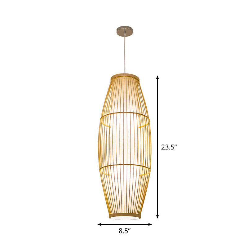 Beige Bamboo Hanging Lantern - Asian Style Pendant Light, 1-Light, Elongated Oval/Barrel Drop, Multiple Sizes - 16"/19.5"/31.5" Height