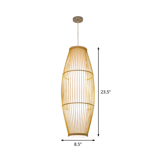 Beige Bamboo Hanging Lantern - Asian Style Pendant Light, 1-Light, Elongated Oval/Barrel Drop, Multiple Sizes - 16"/19.5"/31.5" Height