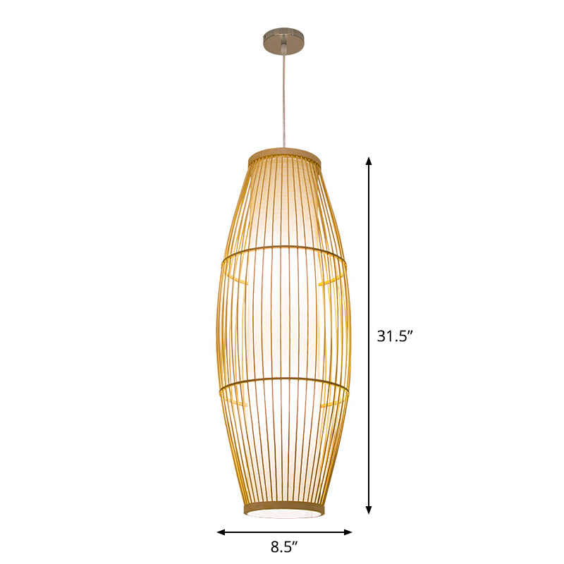 Beige Bamboo Hanging Lantern - Asian Style Pendant Light, 1-Light, Elongated Oval/Barrel Drop, Multiple Sizes - 16"/19.5"/31.5" Height