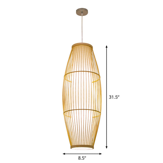 Beige Bamboo Hanging Lantern - Asian Style Pendant Light, 1-Light, Elongated Oval/Barrel Drop, Multiple Sizes - 16"/19.5"/31.5" Height