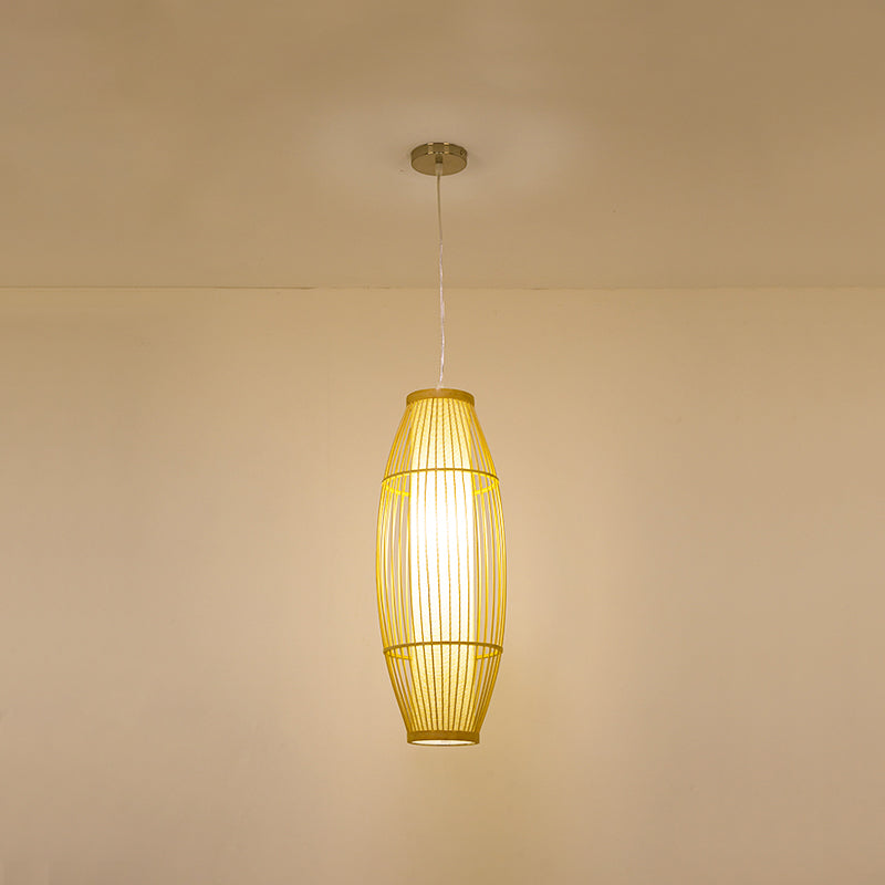 Asian Bamboo Pendant Ceiling Lantern With Elongated Barrel Drop Beige Finish - 1-Light Heights