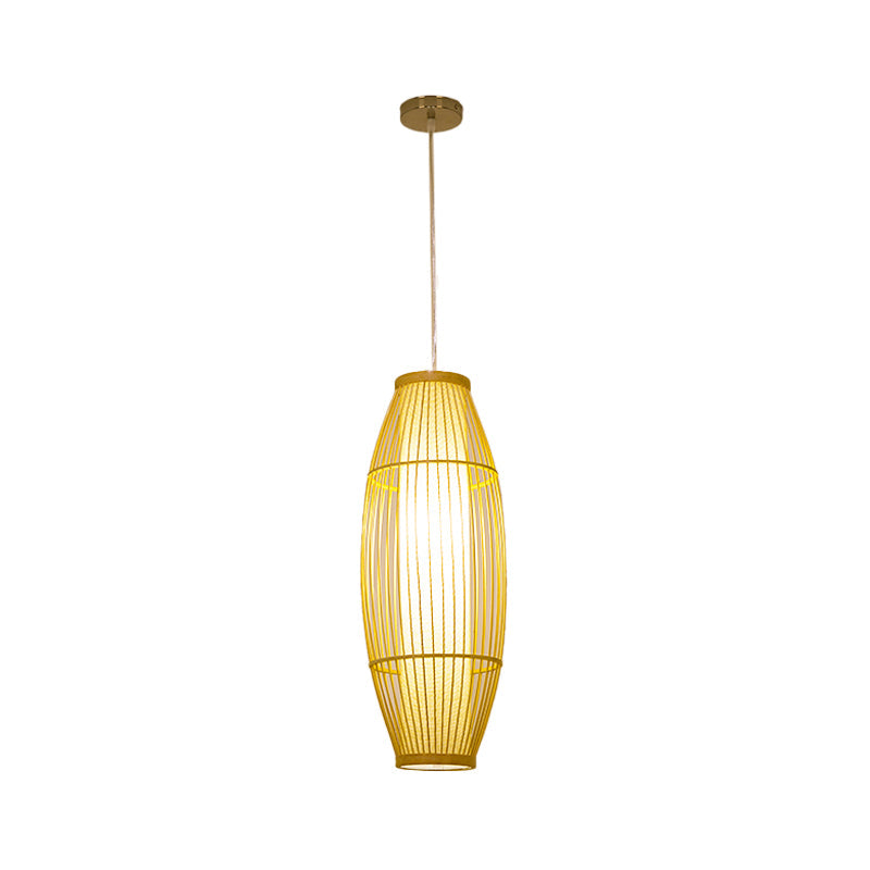 Beige Bamboo Hanging Lantern - Asian Style Pendant Light, 1-Light, Elongated Oval/Barrel Drop, Multiple Sizes - 16"/19.5"/31.5" Height