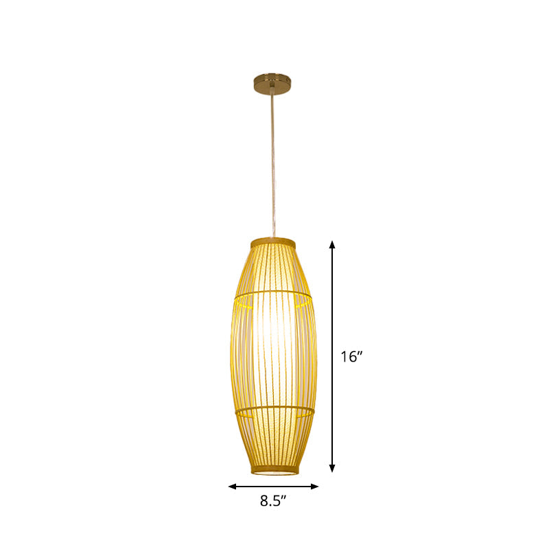 Beige Bamboo Hanging Lantern - Asian Style Pendant Light, 1-Light, Elongated Oval/Barrel Drop, Multiple Sizes - 16"/19.5"/31.5" Height