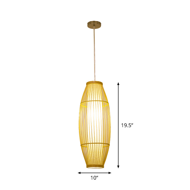 Beige Bamboo Hanging Lantern - Asian Style Pendant Light, 1-Light, Elongated Oval/Barrel Drop, Multiple Sizes - 16"/19.5"/31.5" Height