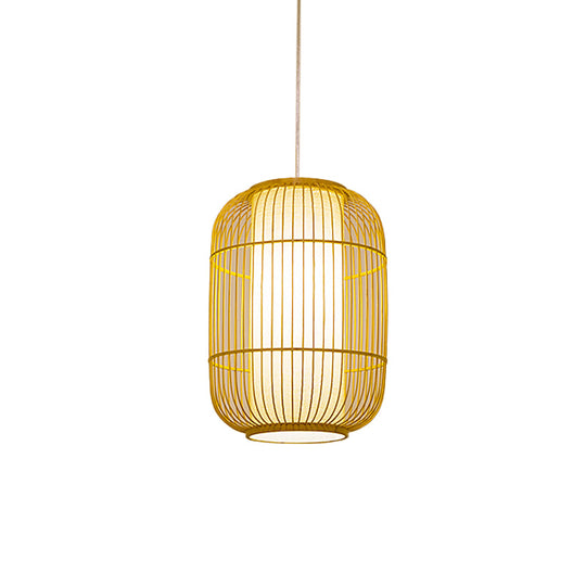 Beige Bamboo Hanging Lantern - Asian Style Pendant Light, 1-Light, Elongated Oval/Barrel Drop, Multiple Sizes - 16"/19.5"/31.5" Height