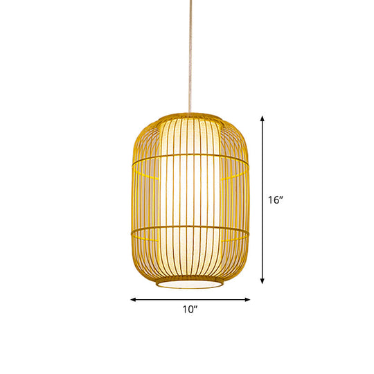 Beige Bamboo Hanging Lantern - Asian Style Pendant Light, 1-Light, Elongated Oval/Barrel Drop, Multiple Sizes - 16"/19.5"/31.5" Height