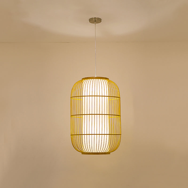 Beige Bamboo Hanging Lantern - Asian Style Pendant Light, 1-Light, Elongated Oval/Barrel Drop, Multiple Sizes - 16"/19.5"/31.5" Height