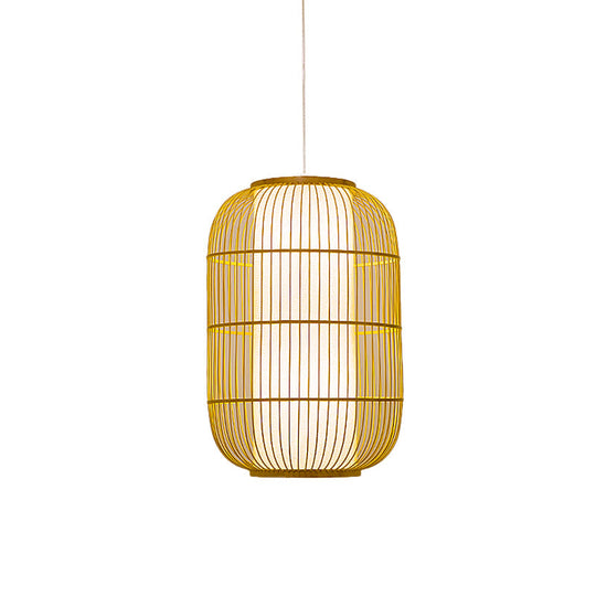 Beige Bamboo Hanging Lantern - Asian Style Pendant Light, 1-Light, Elongated Oval/Barrel Drop, Multiple Sizes - 16"/19.5"/31.5" Height