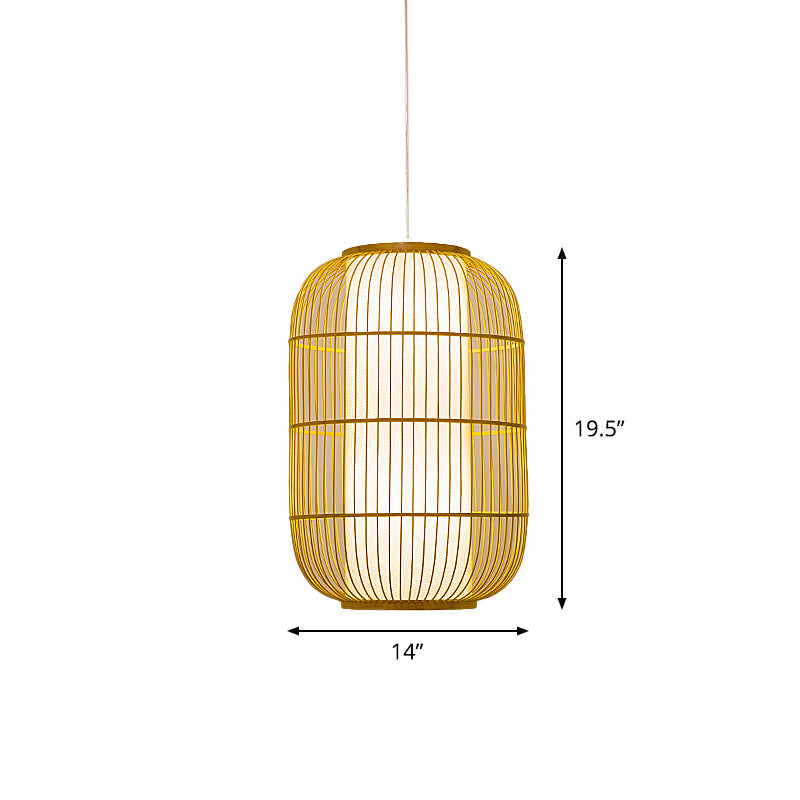 Beige Bamboo Hanging Lantern - Asian Style Pendant Light, 1-Light, Elongated Oval/Barrel Drop, Multiple Sizes - 16"/19.5"/31.5" Height