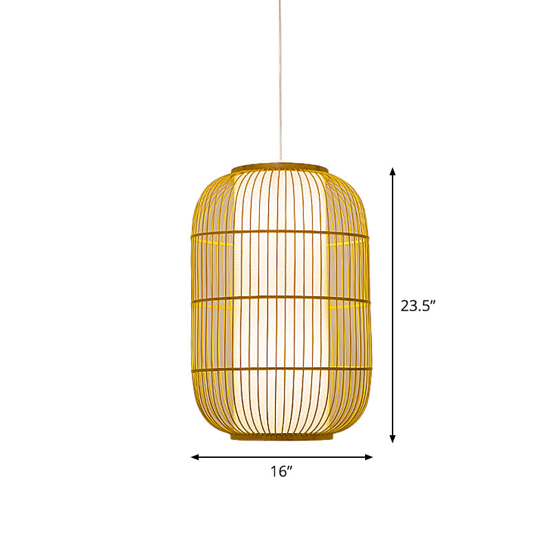 Beige Bamboo Hanging Lantern - Asian Style Pendant Light, 1-Light, Elongated Oval/Barrel Drop, Multiple Sizes - 16"/19.5"/31.5" Height