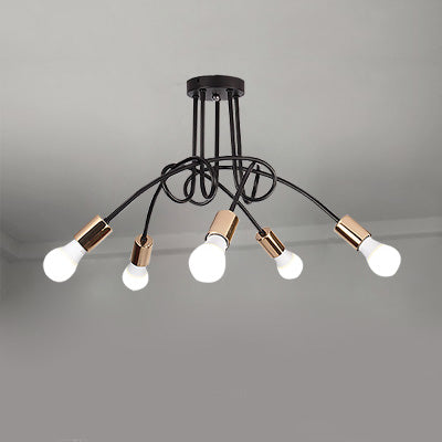 Industrial Twisted Metallic Semi-Flush Ceiling Light With Bare Bulb - Black 3/5 Lights For Hallway