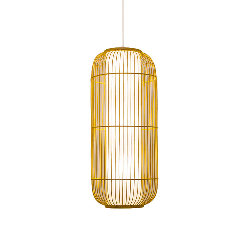 Asian Bamboo Pendant Ceiling Lantern With Elongated Barrel Drop Beige Finish - 1-Light Heights