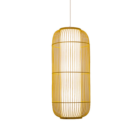 Asian Bamboo Pendant Ceiling Lantern With Elongated Barrel Drop Beige Finish - 1-Light Heights