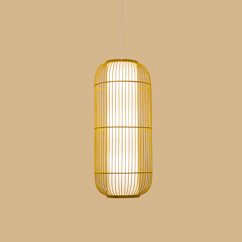 Beige Bamboo Hanging Lantern - Asian Style Pendant Light, 1-Light, Elongated Oval/Barrel Drop, Multiple Sizes - 16"/19.5"/31.5" Height