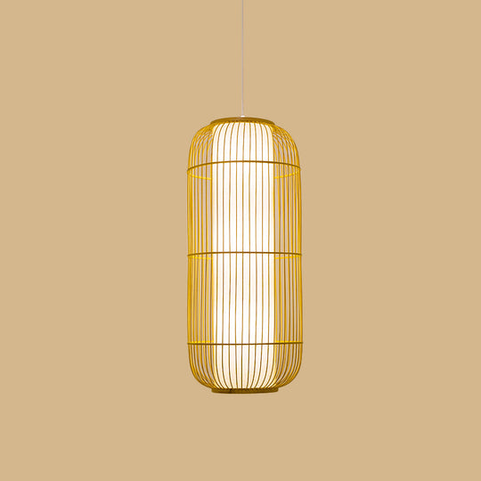 Beige Bamboo Hanging Lantern - Asian Style Pendant Light, 1-Light, Elongated Oval/Barrel Drop, Multiple Sizes - 16"/19.5"/31.5" Height