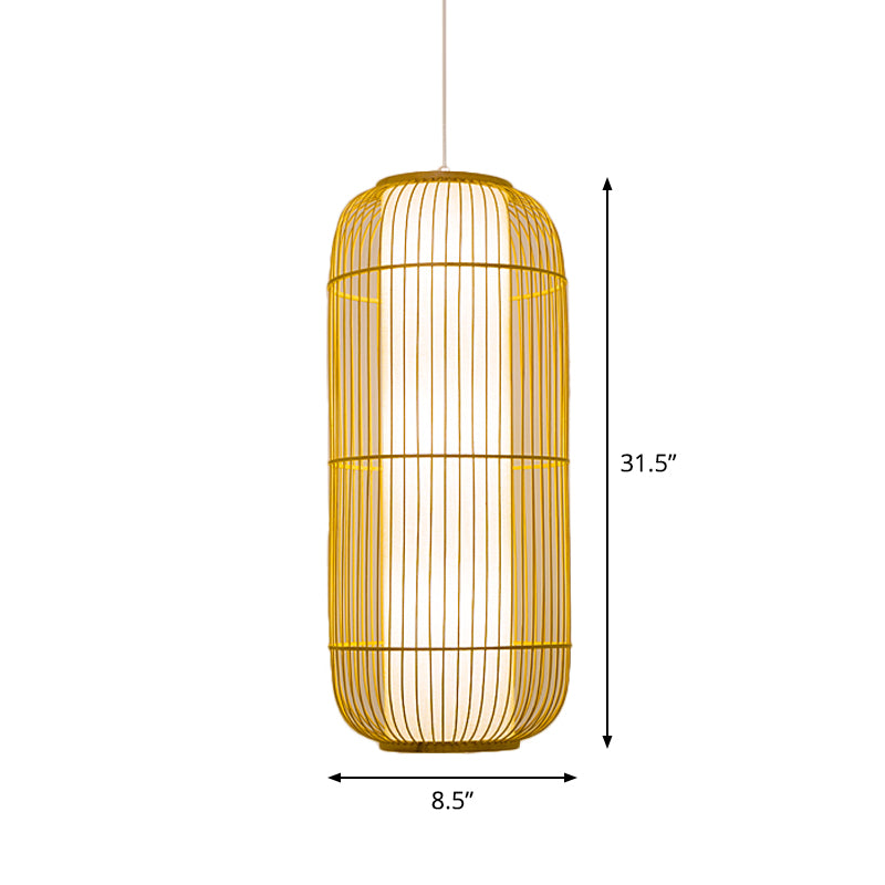 Beige Bamboo Hanging Lantern - Asian Style Pendant Light, 1-Light, Elongated Oval/Barrel Drop, Multiple Sizes - 16"/19.5"/31.5" Height