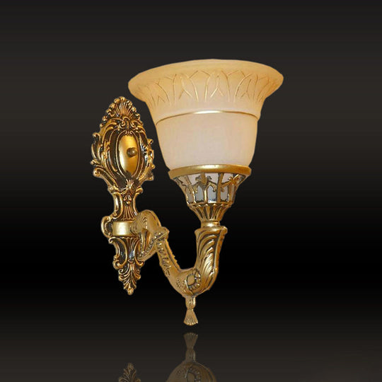 Brass Carved Arm Wall Sconce Lighting With Frosted Glass - Traditional Bell Design