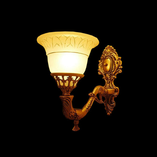 Brass Carved Arm Wall Sconce Lighting With Frosted Glass - Traditional Bell Design