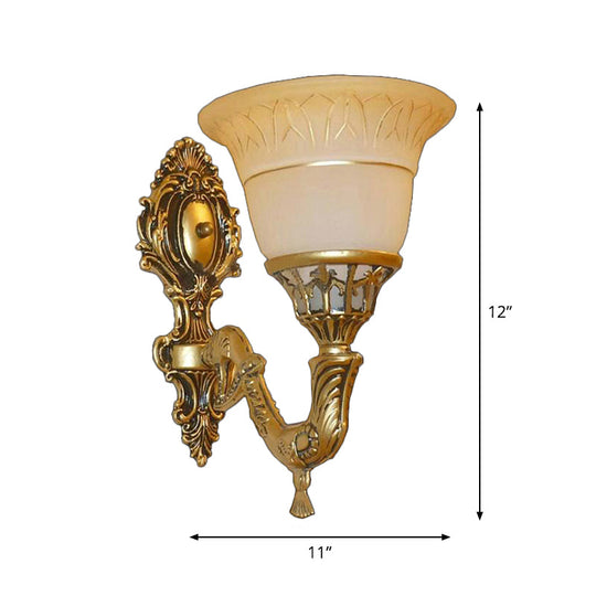 Brass Carved Arm Wall Sconce Lighting With Frosted Glass - Traditional Bell Design