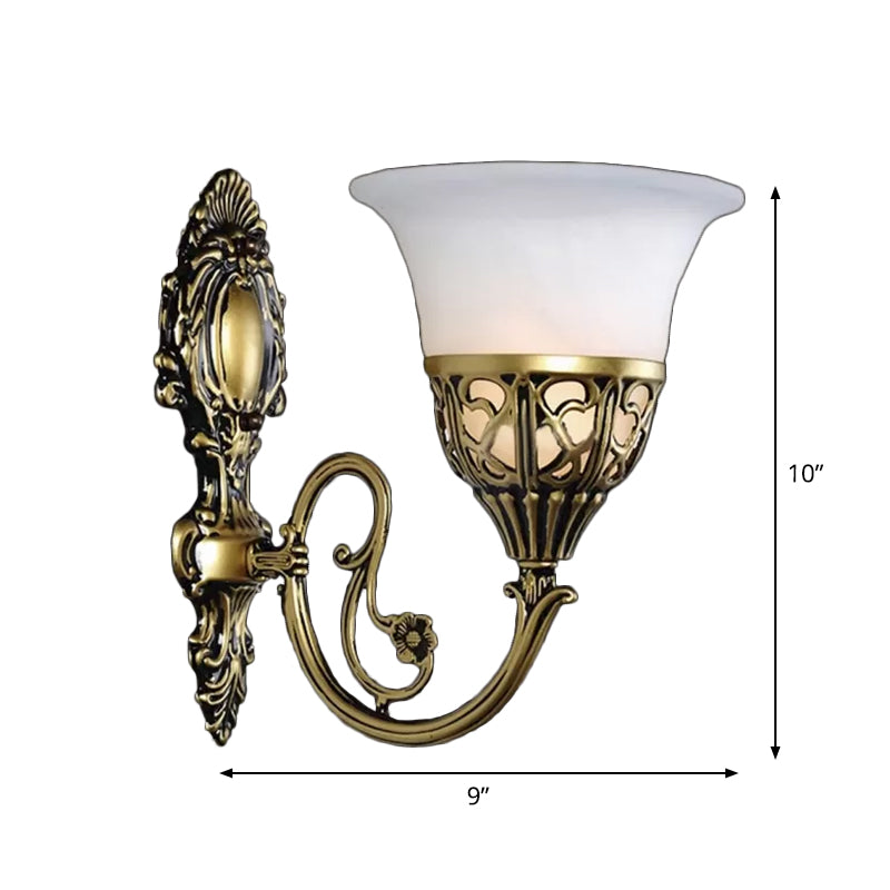 Antique Bronze Wall Lamp With Flared Milk Glass And Single Bulb