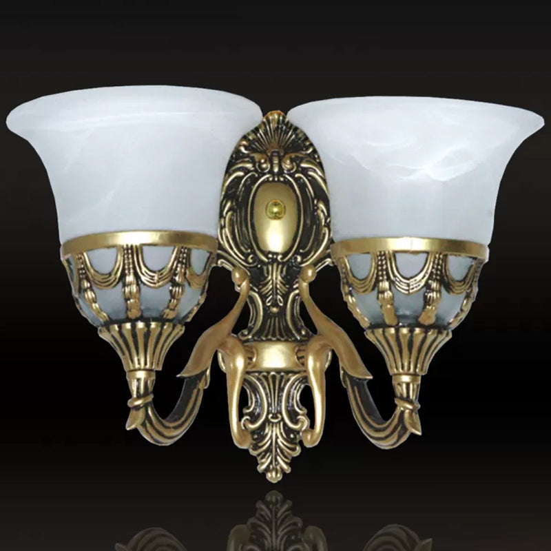 Bronze Traditional Corridor Wall Sconce With Alabaster Glass Shade - 2-Light Fixture