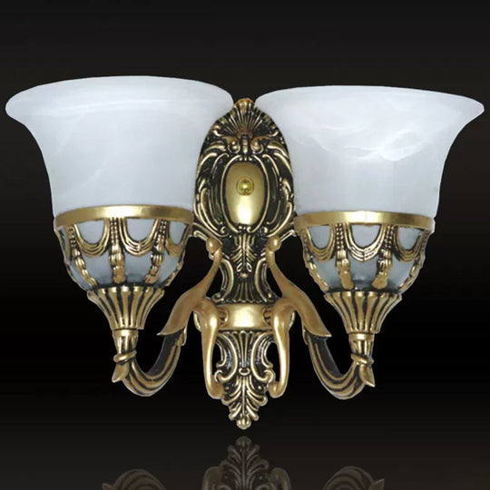 Bronze Traditional Corridor Wall Sconce With Alabaster Glass Shade - 2-Light Fixture