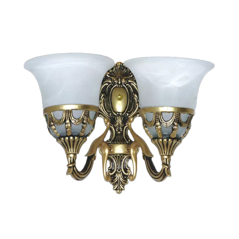 Bronze Traditional Corridor Wall Sconce With Alabaster Glass Shade - 2-Light Fixture