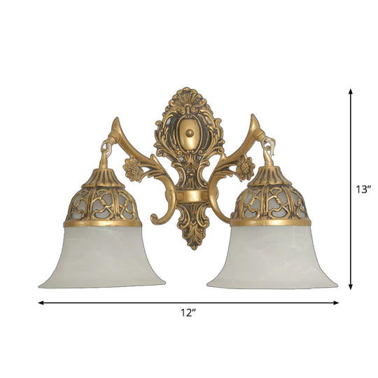 Opal Frosted Glass Bronze Wall Sconce Light Fixture - 2 Heads Antiqued Flared Design