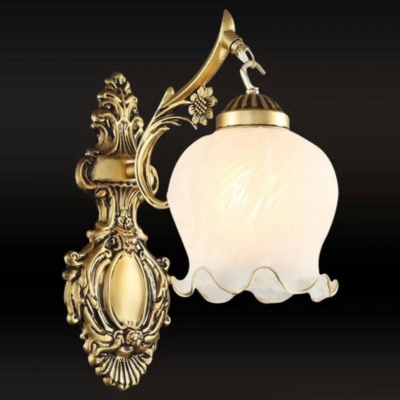 Traditional Frosted Glass Wall Sconce With Lettuce-Trim Shade - White/Bronze Bronze