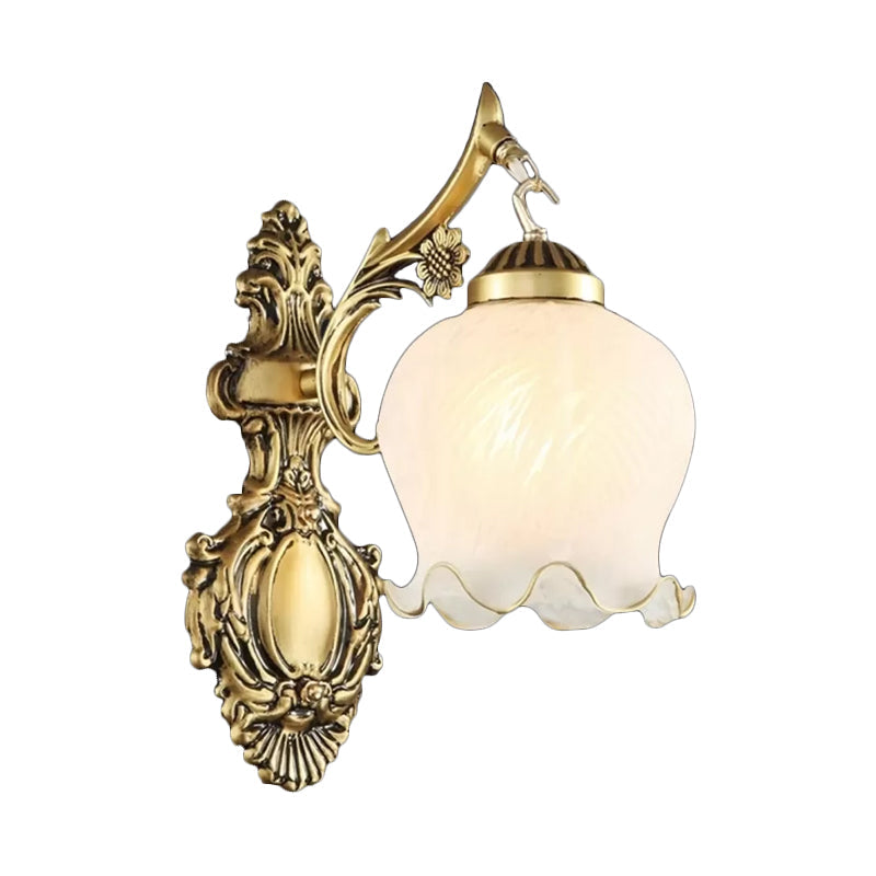 Traditional Frosted Glass Wall Sconce With Lettuce-Trim Shade - White/Bronze