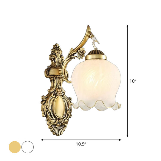 Traditional Frosted Glass Wall Sconce With Lettuce-Trim Shade - White/Bronze